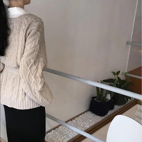 Cardigan belt sweater cable knit khaki womens long sleeve top - Picture 6 of 7